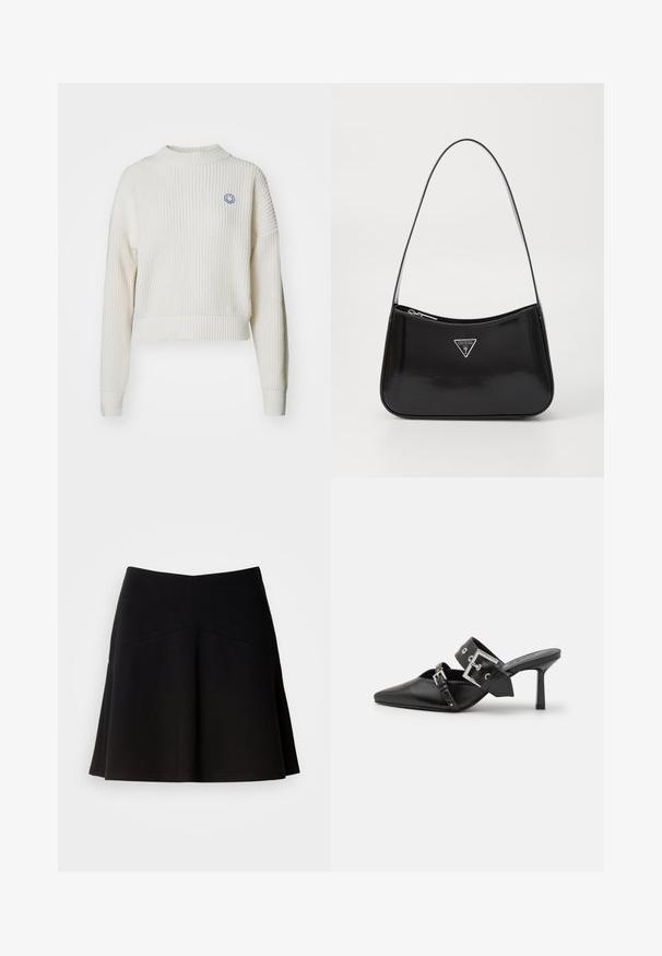 Pull à col montant en tricot côtelé blanc avec des épaules tombantes. Présente un petit logo sourire bleu sur la poitrine. Design court.; Jupe noire évasée en tissu doux, avec une taille ajustée et des coutures décoratives. Texture lisse avec un design simple et classique.; Mules noires à talons hauts avec un bout pointu, en cuir lisse. Dotées d'une large sangle à la cheville avec une boucle carrée en argent et des clous.; Sac à épaule en cuir verni noir avec une forme incurvée, présentant un logo triangle en argent et une fermeture éclair. Texture lisse et bandoulière fine.