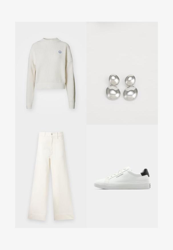 Pull à col montant en tricot côtelé blanc avec des épaules tombantes. Présente un petit logo sourire bleu sur la poitrine. Design court.; Pantalons large en coton beige clair. Dotés d'une taille haute, de poches latérales et d'une coupe droite. Finition ourlet propre sans motifs.; Sneaker blanche avec une finition lisse, accent noir au talon et design à lacets. Présente le logo "Calvin Klein" sur le côté. Style minimaliste.; Boucles d'oreilles en métal argenté avec des formes arrondies, finition polie et délicates gravures de la marque "BOSS" sur les sections inférieures.