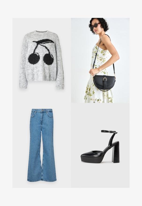 Noisy May NMSUTTON CHERRY - Camisola - light grey melange; Jeans de brim azuis claros, com corte à boca de sino, apresentando uma cintura alta, cinco bolsos e um fecho de botão único. Textura macia com acabamento desbotado.; Saltos altos pretos com bico fino e atilho ajustável no tornozelo. Confeccionados em couro suave, apresentam um salto bloco robusto.; Bolsa de couro preta com forma curva, alça destacável e detalhes em dourado. A bolsa possui uma aba com detalhe de fivela.