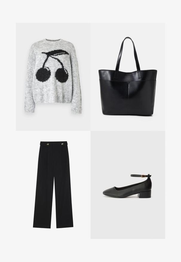 Noisy May NMSUTTON CHERRY - Pulóver - light grey melange; Fekete, bő szárú nadrág magas derékkal, gombos részletekkel a derékrészen és elülső pliszékkal.; Fekete bőr magassarkú cipő hegyes orral és alacsony tömb sarkal. Bokapánttal rendelkezik, aranyszínű csattal. Simább textúra.; Fekete bőr bevásárlótáska két hosszú fogantyúval, sima felülettel és strukturált formával. Elülső zseb található rajta a plusz tárolás érdekében.