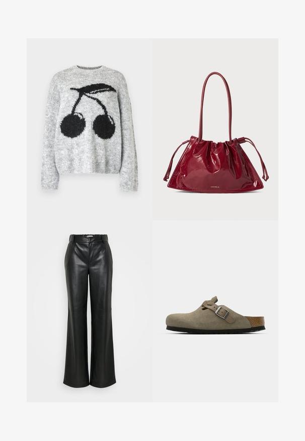 Noisy May NMSUTTON jasnoszary; ONLY Tall ONLSMOOTH WIDE czarny; Zamszowe klapki w jasnym oliwkowym kolorze z formowaną korkową i gumową podeszwą. Posiadają boczny pasek z metalowym sprzączką oraz zaokrąglony czubek.; Czerwona torebka typu tote z lakierowanej skóry, o trójkątnym kształcie, zebranym w górnej części za pomocą sznurka i dwoma długimi uchwytami. Złoty detal z logo z przodu.