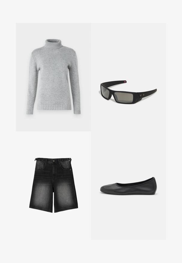Light gray turtleneck sweater made from soft knit material, featuring long sleeves and ribbed texture at the collar and hem.; Black denim shorts featuring a faded finish, five pockets, a button closure, and belt loops. The fabric has a smooth texture.; Black leather ballet flat with a rounded toe, smooth texture, minimal stitching detail, and a flexible sole design.; Black sunglasses with a matte finish, rectangular lenses, slight curve on temples, subtle logo detail, and smoke-tinted lenses.