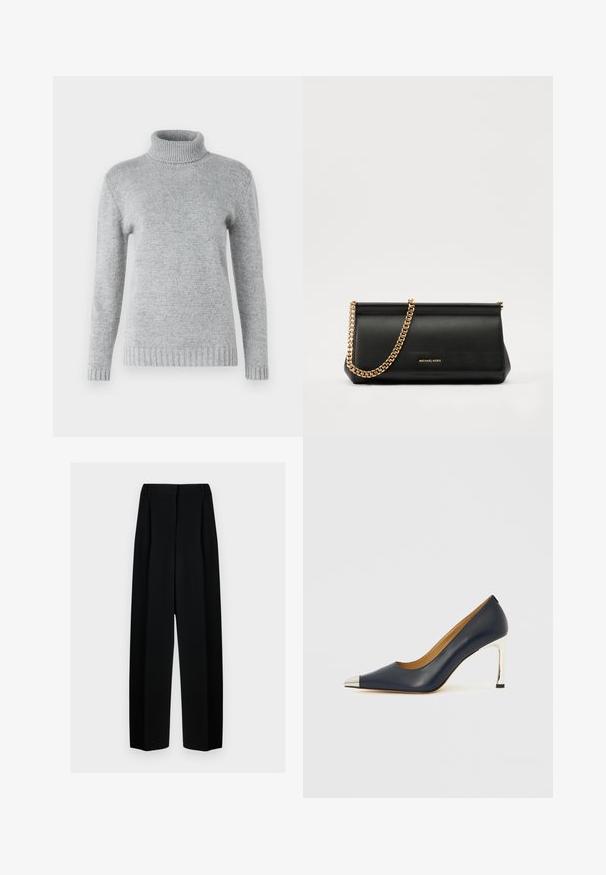Lysegrå turtleneck genser laget av mykt strikkemateriale, med lange ermer og ribbestrikket tekstur ved kragen og kanten.; Svart vide bukser med høy livhøyde, med folder og en glatt tekstur. Stoffet virker lett og faller elegant.; Marineblå høyhælte skinnsko med spiss tå, som har en sølvfarget metallhatt og en blank sølvfarget stiletthæl.; Svart skinnkuvertveske med en gullkjede-rem, med en glatt tekstur, rektangulær form og preget merkevare på forsiden.