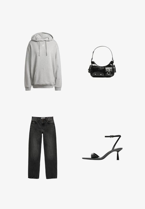 Šedá mikina s kapucí vyrobená z bavlněné směsi, s přední kapsou, žebrovanými manžetami a bílým logem na hrudi.; Černé džíny z denimu se uvolněným střihem, rovnými nohavicemi, pětikaškovým designem a lehce vybledlým vzhledem. Zapínání na knoflík a zip v přední části.; Bershka Sandály na vysokém podpatku - black; Černá lakovaná kožená kabelka s křivkovým tvarem, jedním ramenním popruhem, předními kapsami a stříbrnými kovovými detaily.