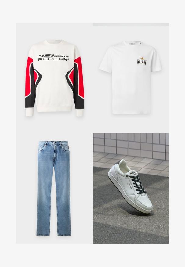 Bílá mikina s černými a červenými zakřivenými rukávy, se nápisem "981 sports REPLAY" na hrudi černými písmeny.; Bílá bavlněná tričko s krátkými rukávy, s černým a zlatým logem "REPLAY GRAND HOTEL" na levém prsu. Jednoduchý design, standardní střih.; Světlé modré džíny rovného střihu s kapsami, měděnými nýty a knoflíkovým zavíráním. Má vybledlý design a čistý lem.; Bílé kožené tenisky s perforovanou špičkou, černými tkaničkami a akcentem na patě. Obsahují značkování "REPLAY" a pevnou gumovou podešev.
