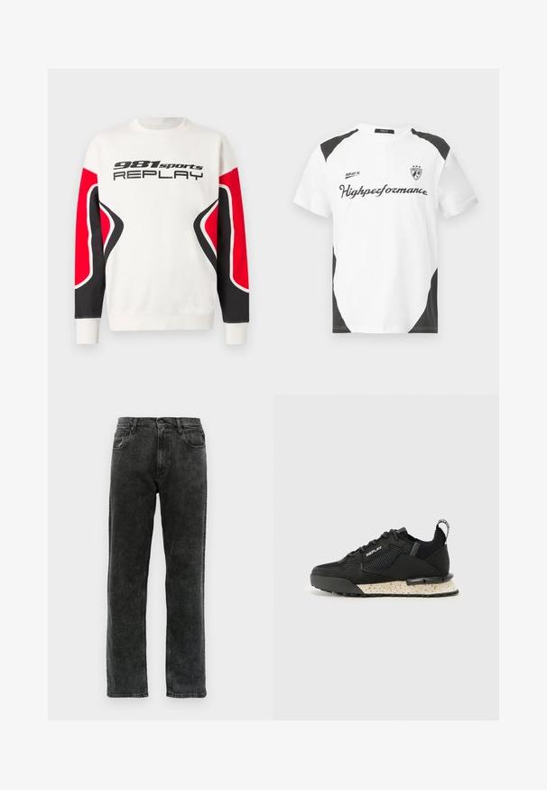 Witte sweatshirt met zwarte en rode gebogen mouwpanelen, voorzien van de tekst "981 sports REPLAY" in zwarte letters over de borst.; Witte T-shirt met korte mouwen en zwarte accenten. Bevat het logo "REPLAY FC" en de tekst "Highperformance" in een sportieve lettertype. Gemaakt van een glad materiaal.; Zwarte denim jeans met een rechte pijp, voorzien van vijf zakken, een knoopsluiting en subtiele vervaging langs de stof.; Replay FIELD MELT 25 - Sneakers laag - black