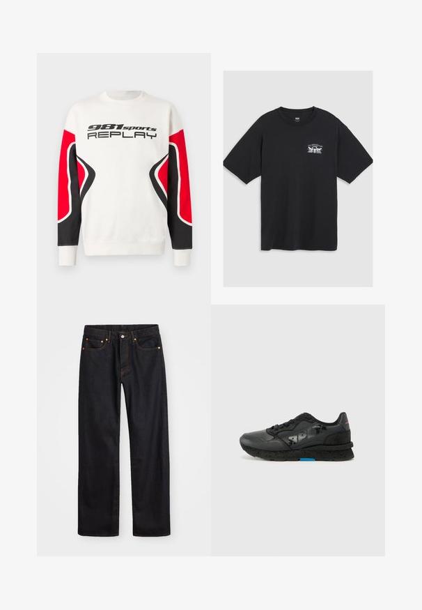 Biela mikina s čiernymi a červenými zakrivenými panelmi na rukávoch, s nápisom "981 sports REPLAY" cez hruď v čiernych písmenách.; Čierne bavlnené tričko s krátkymi rukávmi, okrúhlym výstrihom a malým bielym grafickým potlačou na hrudi, ktorá zobrazuje stylizovaný dizajn.; Pánske rovné čierne riflové nohavice s piatimi vreckami a oranžovým prešívaním, s gombíkom a zipsom na prednom páse.; Replay ARTHUR IMPACT - Tenisky - black