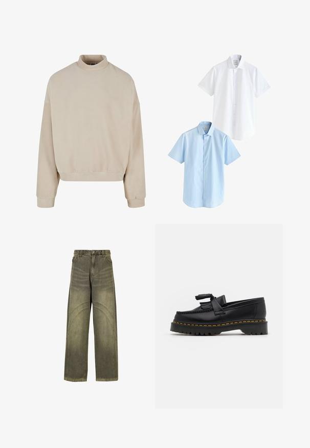 Béžová fleecová mikina s vysokým límcem, volným střihem, spadlými rameny a žebrovanými manžetami. Měkká textura a jednoduchý design bez vzorů.; Dvoje košilí s krátkým rukávem: jedna bílá a jedna světle modrá. Obě mají zapínání na knoflíky vpředu, límeček, hladkou bavlněnou tkaninu a standardní střih.; Široké džíny v olivově zeleném denimu, s zakřivenými švy, klasickým zapínáním na knoflík a vybledlým vzhledem.; Černé kožené mokasíny s třásněmi, se silnou černou podrážkou a žlutým prošíváním podél okraje. Texturovaný povrch.
