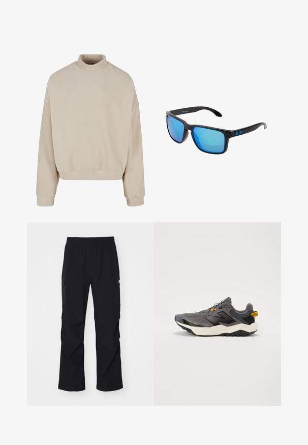 Beige fleece genser med høy hals, løs passform, senkede skuldre og ribbestrikkede mansjetter. Myk tekstur og enkelt design uten mønstre.; Svart cargo bukser laget av lett materiale, med elastisk midjebånd, sidelommer og rett ben design.; Grå treningssko med mesh-overside, svarte aksenter, reflekterende detaljer og en tykk hvit såle med en teksturert svart yttersåle.; Stilige svarte solbriller med blå speilglass, firkantede rammer og blå detaljer på stengene. Laget av lett plastmateriale.