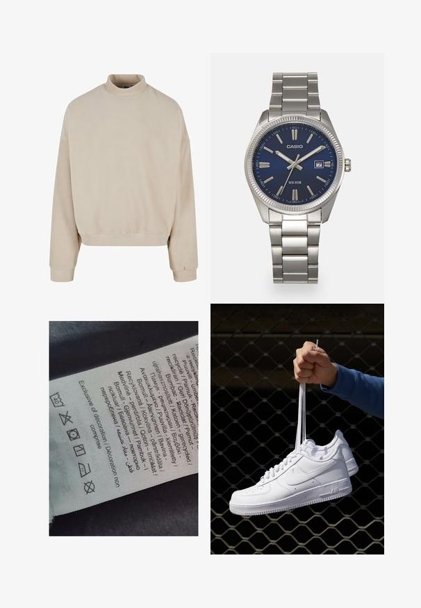 Beez värvi fliistee särk kõrge kaelusega, laia lõikega, madalate õlgadega ja ribaga mansettidega. Pehme tekstuur ja lihtne disain, ilma mustriteta.; Sildi silt, millel on mitmekeelsed tekstid, hooldusmärgid ja ringlussevõtuikoonid, trükitud pehme kangalaadsele materjalile heledates toonides.; Valged nahast tennisetossud, millel on perforatsioonid, ümar nina, lame tallus ja paksud nöörid, nähtava swooshi logoga ja "AIR" kontsadel.; Hõbedane roostevabast terasest käekell, tumesinise lõpliku, metallsete tuntud numbrite ja kuupäevanäidikuga kell 3 juures. Veekindel kuni 50 meetrit.