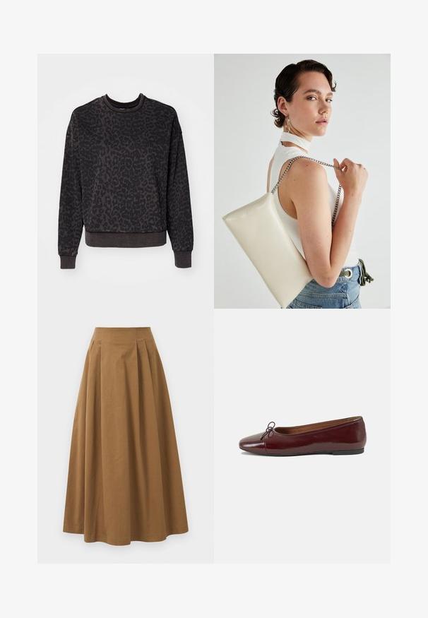 ONLY ONLVOICE O NECK - Camisola - black; Saia A-line de algodão castanho com cintura alta, apresentando pregas na parte da frente e uma textura suave. As bordas da bainha são limpas e simples.; Bailarinas em couro sintético borgonha com bico redondo, pequeno laço na frente e sola baixa em borracha preta. Textura suave.; Bolsa de mão retangular branca, feita de material brilhante, com uma alça em corrente prateada. Modelo posa, exibindo a bolsa contra um fundo simples.