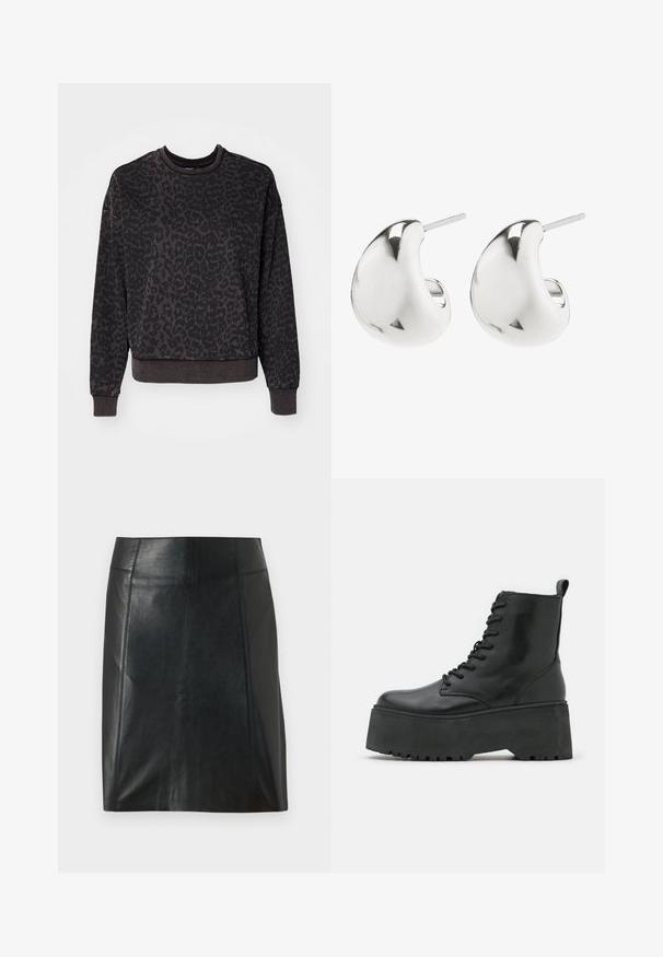 ONLY ONLVOICE O NECK - Collegepaita - black; Musta nahkahame, jossa on mukautuva muotoilu. Silkkinen pinta, saumat korostamassa muotoa ja suora helma. Minimalistinen ja tyylikäs ulkoasu.; Mustat nilkkurit paksulla pohjalla, valmistettu sileästä nahasta, jossa on nauhakiinnitys ja vetotuki takana.; Hopeiset nappikorvakorut, joissa on sileä, kaareva muotoilu. Niissä on kiillotettu pinta ja taustatappi, joka varmistaa turvallisen käytön.