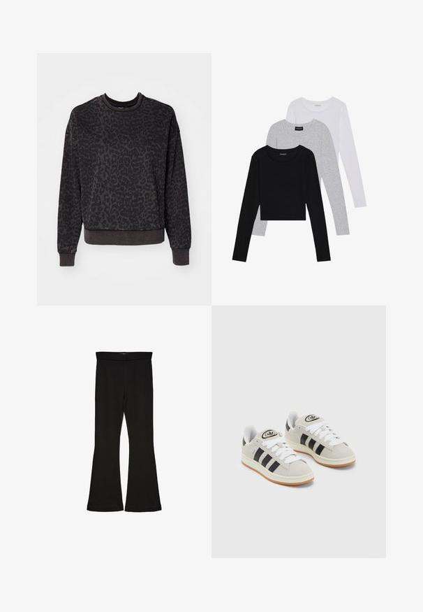 ONLY ONLVOICE O NECK - Sweater - black; Drie langmouwige tops gestapeld: zwart, grijs en wit. Elke top heeft een ronde halslijn en een cropped ontwerp van soepel, lichtgewicht materiaal.; Zwarte flare leggings gemaakt van rekbaar materiaal. Beschikt over een brede tailleband en een zachte textuur, met een getailleerd silhouet dat uitloopt bij de zoom.; Grijze nubucklederen sneakers met witte veters, zwarte strepen en een witte rubberen zool. Bevat een rond logo op de tong en een gumzool.