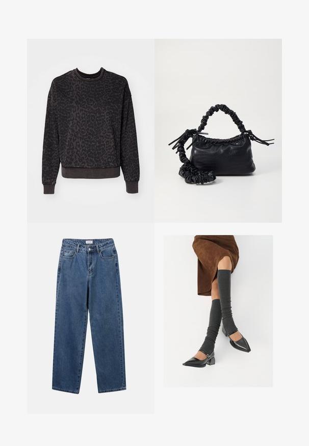 ONLY ONLVOICE O NECK - Pusa - black; Klassikalised sinised denimists teksad otsejalaga disainiga, viie taskuga ja nööbisuletusega. Omab keskmist pesu ja tugevat tekstuuri.; Mustad patsaline odav värviga kingad, millel on kreen ja pahkluuring, on paaritatud hallide ribakudumitega sääremiidega ja pruunist nahast seelikuga.; Must must sünteetilisest nahast käekott, millel on krokodillimuster, kokku tõmmatav ülaosa ja kortsus rihm. Tundub pehme ja kompaktne disain.