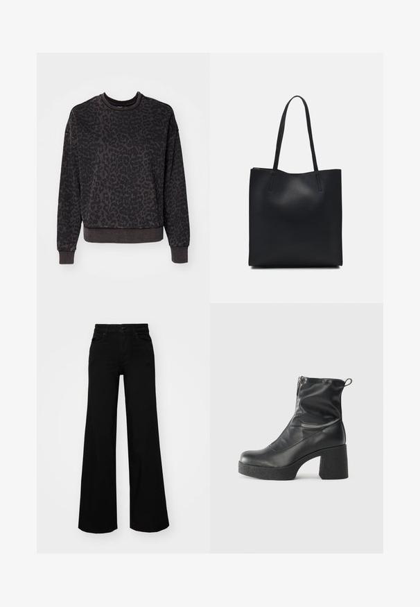 ONLY ONLVOICE O NECK  - Felpa - black; Pantaloni neri a gamba larga in denim, con una vita strutturata, passanti per la cintura e tasche frontali. Texture liscia con un design classico.; Stivali neri alla caviglia in pelle liscia, con zip laterale, tacco spesso e texture, e punta arrotondata.; Borsa tote in pelle nera con texture liscia, forma rettangolare e due manici lunghi. Nessun hardware o decorazione visibile.