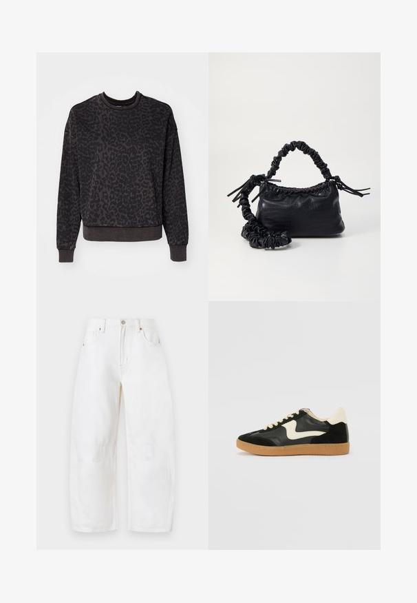 ONLY ONLVOICE O NECK - Mikina - black; Bílé džínové kalhoty s širokým střihem a zapínáním na knoflík, pěti kapsami a jemnými švy. Měkká textilie a ležérní styl. Bez viditelného opotřebení.; Černé semišové a kožené tenisky s krémovým postranním swooshem a světlým krémovým podpatkem. Mají béžové tkaničky a podešev z gumové pryže.; Černá kabelka z umělé kůže s krokodýlím vzorem, staženým vrškem a zmačkaným popruhem. Zdá se, že má měkký a kompaktní design.