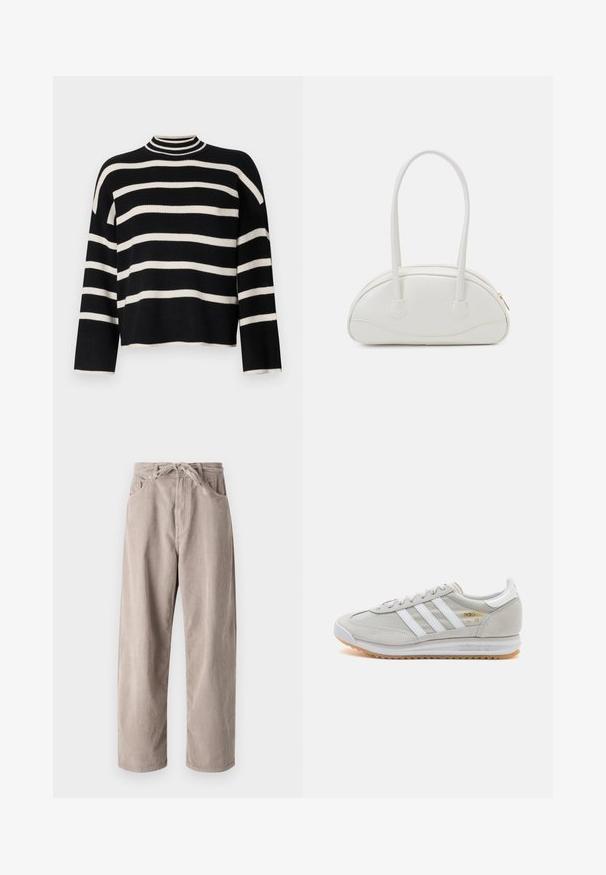Pull en tricot avec un col haut, présentant des rayures horizontales noires et blanches alternées, une longueur cropped et des manches larges.; Pantalons en velours côtelé beige à coupe ample, dotés d'une taille à cordon, de deux poches avant et d'une texture côtelée verticale.; Basket en cuir suédé et mesh gris clair, avec trois bandes blanches, bout rond et semelle en caoutchouc naturel. Accent logo doré près des lacets.; Even&Odd Sac à main - off-white; Boucle d'oreille en métal doré avec un design élégant et courbé. Présente une forme conique distinctive, une surface polie et une fermeture à charnière.