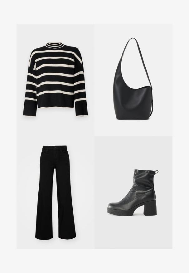 Mezgta megztinis su aukštu apykakle, su pakaitomis juodai baltomis horizontaliosiomis juostomis, sutrumpintu ilgimi ir plačiomis rankovėmis.; Juodos plačios kelnės iš denimo, turinčios struktūruotą juosmenį, diržo kilpas ir priekines kišenes. Lygus paviršius su klasikinio dizaino elementais.; Juodos kulkšninių botai, pagaminti iš lygaus odos, su šoniniu užtrauktuku, masyviu tekstūruotu kulnu ir apvaliu pirštu.; Juodas odinis hobo maišas su lygiu paviršiumi, kreipta forma ir viena reguliuojama rankena; turi platų atidarymą viršuje.