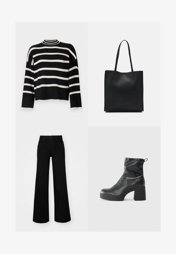 Gestrickter Pullover mit hohem Kragen, der abwechselnd schwarze und weiße horizontale Streifen aufweist, verkürzte Länge und weite Ärmel hat.; Schwarze weit geschnittene Hose aus Denim, mit einem strukturierten Bund, Gürtelschlaufen und Fronttaschen. Glatte Textur mit klassischem Design.; Schwarze Stiefeletten aus glattem Leder mit seitlichem Reißverschluss, klobigem strukturiertem Absatz und runder Zehenform.; Schwarze Laptoptasche aus Leder mit glatter Textur, rechteckiger Form und zwei langen Griffen. Keine sichtbaren Beschläge oder Verzierungen.