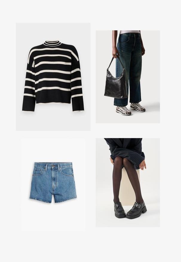Gestrickter Pullover mit hohem Kragen, der abwechselnd schwarze und weiße horizontale Streifen aufweist, verkürzte Länge und weite Ärmel hat.; Hellblaue Denim-Shorts mit fünf Taschen, einem Reißverschluss und einem Knopfverschluss. Der Saum ist fransig und das Design bietet eine lässige Passform.; Schwarze Lederschuhe mit einem klobigen Absatz, silbernem Schnallen-Detail und Mokassin-artiger Naht. Getragen mit durchsichtigen schwarzen Strumpfhosen.; Schwarze Leder-Schultertasche mit glatter Textur und verstellbarem Riemen, kombiniert mit ausgewaschenen weit geschnittenen Jeans und sportlichen Sneakern.