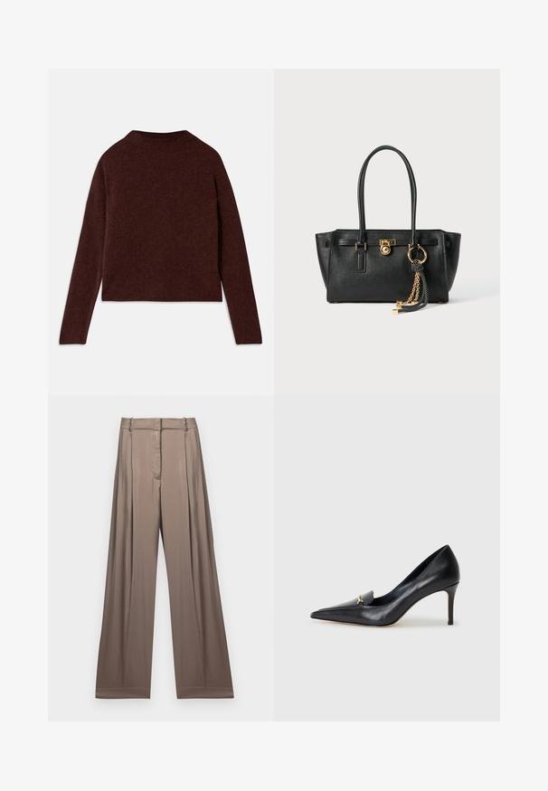 Maroon, long-sleeve sweater made of soft, textured fabric. Features a high neckline and a relaxed fit with a straight hem.; White cropped T-shirt made of cotton, featuring short sleeves and "MICHAEL KORS" logo in matching embroidered text across the front.; Wide-leg trousers in a muted taupe color, made of smooth fabric with a satin finish. Features a tailored waistband and subtle pleats.; Black leather pump with a pointed toe, low-cut vamp, and a decorative gold accent. Features a stiletto heel and smooth texture.; Black leather handbag with double handles, gold lock and chain detail, and black-and-white tassel accessory against white background.