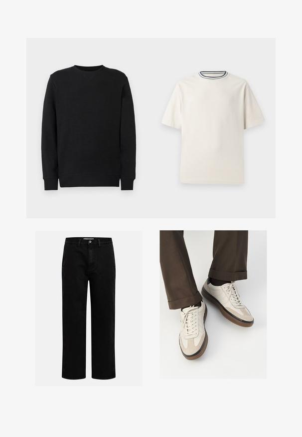 Juodas džemperis su ilgomis rankovėmis, apvalia iškirpte, raukiniais rankogaliuose ir apatine dalyje, pristatytas prieš paprastą baltą foną.; Kremo spalvos medvilninė marškinėlių su trumpomis rankovėmis, suapvalintu iškirpimu, puoštu tamsiai mėlynomis ir baltomis juostelėmis. Glotni tekstūra, laisvas sijonas.; Juodi džinsai su tiesiu kirpimu, klasikinio penkių kišenių dizainu ir mygtuko užsegimu juosmens zonoje. Lygus tekstūras ir patvari medžiaga.; Bežiniai sportbačiai su tekstūruotu zomšinės priekine dalimi, lygiomis odinėmis šoninėmis dalimis ir ruda guminėmis padais. Į komplektą įeina juostelės ir šviesūs siuvimo detalės.