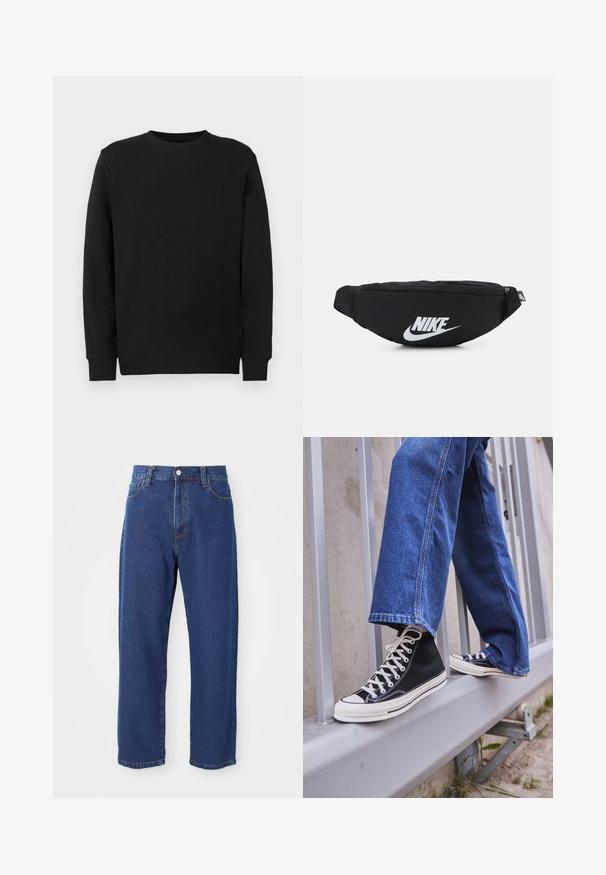 Must musta, millel on pikad varrukad, soonikkoesed ja äär, on välja pandud lihtsa valge tausta ees.; Kõrge vöökohaga sinised teksad, mis on valmistatud denimist, sirgete jalgade siluetiga, nähtava õmblusega ja ees oleva nupuga kinnitusega.; Mustad mustade kõrgete tossudega, millel on valge tallaga ja valged paelad, koos vaba sinise denimidega, mis puhkavad hallil piiridel.; Must must sisaldav must nailonist vöötasku, millel on lukuga sulgemine ja suur valge Nike logo. Sile tekstuur ja ergonoomiline disain mugavaks kandmiseks.