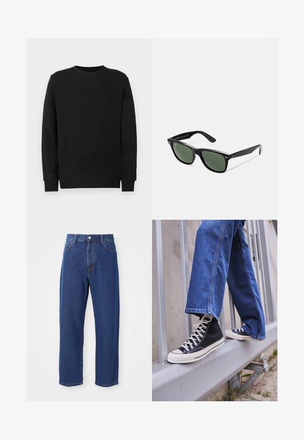 Hanorac negru cu guler rotund, cu mâneci lungi, manșete și tiv cu tiv, expus pe un fundal alb simplu.; Jeans din denim cu talie înaltă, de culoare albastră, având o siluetă cu picioare drepte, cusături vizibile și închidere frontală cu nasture.; Tenisi negri tip gheată cu talpă și șireturi albe, asortați cu blugi albaștri largi, sprijiniți pe un balustradă gri.; Ochelari de soare din plastic negru cu lentile verzi, rame pătrate, accent argintiu pe sprânceană și brațe texturate. Marca este menționată pe brațul interior.