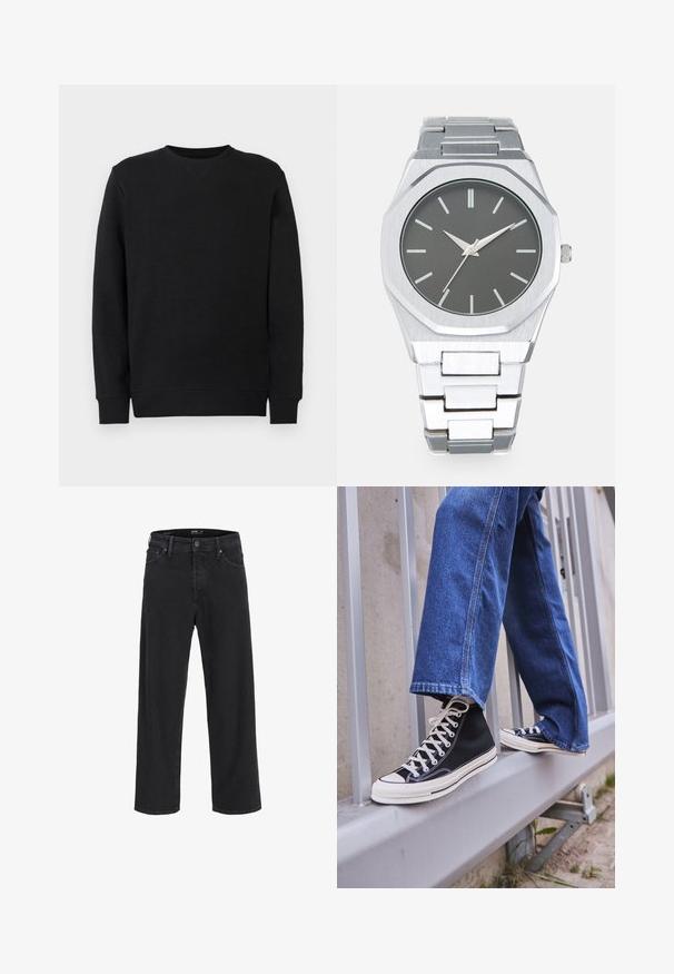 Sweatshirt preto de gola redonda, com mangas compridas, punhos e bainha canelados, apresentado contra um fundo branco simples.; Calças de ganga pretas de perna reta com fecho de botão e zíper, passantes para cinto e bolsos frontais e traseiros.; Ténis altos pretos com sola e atacadores brancos, combinados com jeans azul desgastado, repousando sobre um corrimão cinza.; Relógio analógico prateado com caixa octogonal, mostrador cinza, marcadores de horas prateados e bracelete de elos em aço inoxidável. Design minimalista com textura suave.
