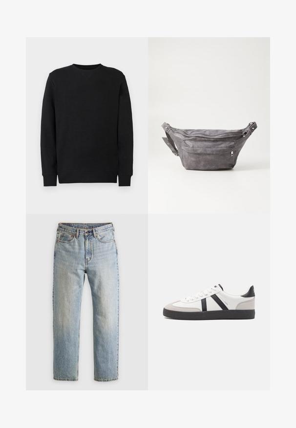 Must musta, millel on pikad varrukad, soonikkoesed ja äär, on välja pandud lihtsa valge tausta ees.; Heledad hele sinine teksapükste kõrge vöökoht, ees nupuga, lukuga ja viie taskuga disain, asetatud tasasele neutraalsele taustale.; Valged tossud mustade ja hallide aktsentidega, tekstureeritud halli varbakattega, musta kummitald ja lamedad valged paelad. Puhtad jooned, minimalistlik stiil.; Hallikate nahast vöö kott, millel on ümar kuju, kaks tõmblukuga taskut ning reguleeritav rihm. Varustatud metallist detailide aktsentidega.