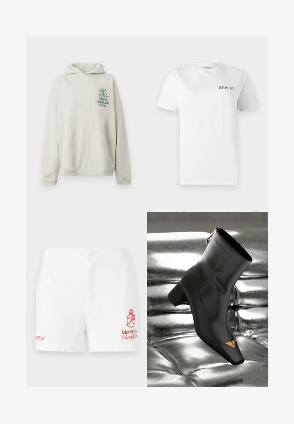 Lichtgrijze hoodie van zacht weefsel, met een voorzak en een capuchon. Groene opdruk en afbeelding op de linkerkant van de borst.; Witte katoenen t-shirt met korte mouwen, ronde hals, met een klein zwart "REPLAY" logo op de linker borst. Glad van textuur.; Witte katoenen shorts met een voorknopsluiting, zijzakken en een rood geborduurd logo van de Monte Carlo Country Club met de merknaam.; Zwarte leren enkellaars met een vierkante neus, gouden driehoekige accent en een hak van gemiddelde hoogte. Glad textuur tegen een glanzende zilveren achtergrond.