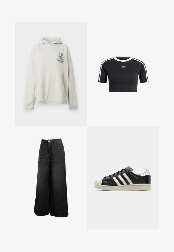 Helles graues Sweatshirt aus weichem Material, mit einer vorderen Tasche und einer Kapuze. Grüner Drucktext und Grafik im linken Brustbereich.; Schwarzes, kurzes T-Shirt aus Baumwolle mit einem gerippten weißen Rundhalsausschnitt, kurzen Raglanärmeln und weißen Seitenstreifen mit kleinem Logo.; Schwarze weit geschnittene Jeans mit hoher Taille, Frontknopf, Taschen und dezentem Logo auf der Vorder-Tasche.; Schwarze Ledersneaker mit weißen Streifen, Gummikappe, schwarzen Schnürsenkeln und einer cremefarbenen Sohle. Glatte Textur mit glänzender Oberfläche.