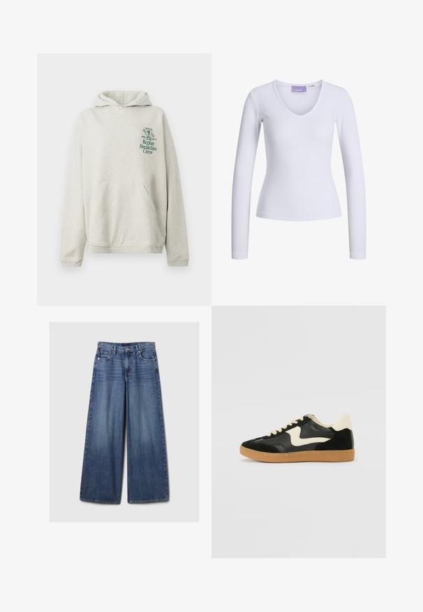 Šviesiai pilkas džemperis, pagamintas iš minkštos medžiagos, su priekinėmis kišenėmis ir kapišonu. Žalia spauda su tekstu ir grafika ant kairės krūtinės dalies.; Balta ilgomis rankovėmis maikutė, pasižyminti rausva tekstūra ir V formos kaklu. Ant kaklo viduje matoma etiketė su prekės ženklu "JJXX."; Platus mėlynos džinsinės kelnės su išblukusiu paviršiumi, su mygtukų ir užtrauktuko uždarymu, penkiomis kišenėmis ir diržo kilpomis.; Juodos zomšo ir odos sportinės bateliai su kreminiu šoniniu swoosh ir šviesiai kreminiu kulnu. Ypatybės - smėlio spalvos raišteliai ir guminis padas.