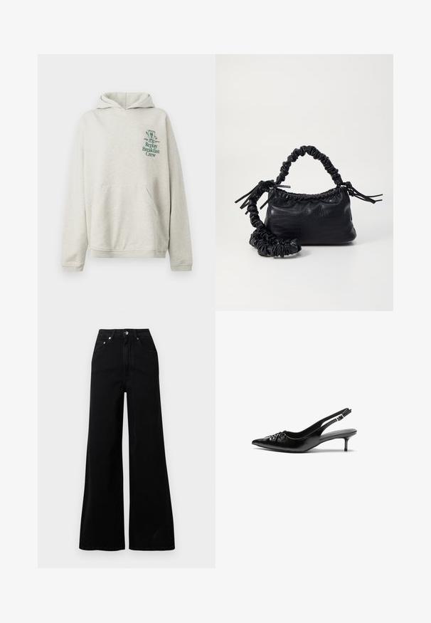 Lys grå hættetrøje lavet af blødt stof, med en lomme foran og hætte. Grøn trykt tekst og grafik på venstre brystområde.; Sorte jeans med vide ben lavet af denim, med høj talje, fem lommer, knaplukning foran og minimal syning.; Sorte læderslippers med spidse tæer, lille kitten hæl og en dekorativ knude detalje foran. Glat tekstur hele vejen rundt.; Sort kunstlæder håndtaske med krokodilteksur, indsnøret top og en sammenkrøben rem. Ser blød og kompakt ud i designet.