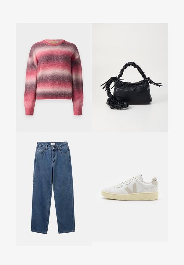 Mehakava pletena jopica s horizontalnimi puhastimi črtami v odtenkih roza, vijolične in svetlo sive barve, ki ima okroglo izrezano in dolge rokave.; Klasične modre jeans hlače s ravnim krojem, petimi žepi in gumbom za zapiranje. Imajo srednje pranje in trdno teksturo.; Bela usnjena tenisača z bež semiš poudarki, perforiranim prednjim delom, ravnimi vezalkami in strukturiranim kremnim podplatom. Ima diskretno blagovno znamko na peti.; Črna torbica iz umetnega usnja s krokodilovo teksturo, z zvitim vrhom in zmečkano naramico. Zdi se mehka in kompaktna v oblikovanju.