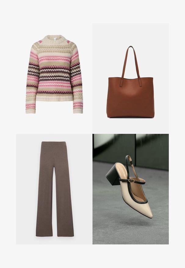 Strickpullover in Creme, Pink und Braun mit Rundhalsausschnitt, horizontalen Streifen und strukturierten Mustern. Mit gerippten Bündchen und Saum.; Gerippte Wide-Leg-Hose in Dunkelbraun, mit elastischem Bund und weichem, strukturiertem Stoff.; Beige Slingback-Schuh mit spitzer Zehenpartie, schwarzer Umrandung, goldener Schnalle und dicker Blockabsatz auf grauem Boden vor dunklem grünen Hintergrund.; Braune Leder-Tote mit glatter Textur, offenem Oberteil und zwei Schulterriemen. Verfügt über minimale Nähte und keine sichtbaren Beschläge.