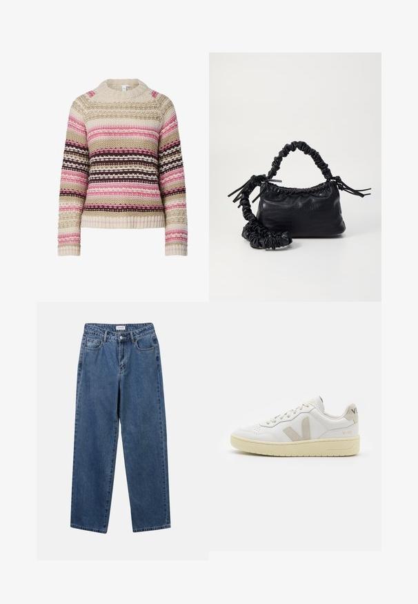 Knit sweater in cream, pink, and brown featuring a round neck, horizontal stripes, and textured patterns throughout. Ribbed cuffs and hem.; Classic blue denim jeans with a straight-leg design, five pockets, and a button closure. Features a medium wash and sturdy texture.; White leather sneaker with beige suede accents, perforated toe box, flat laces, and a textured cream sole. Features subtle branding on heel.; Black faux leather handbag with a crocodile texture, cinched top, and a scrunched strap. Appears soft and compact in design.