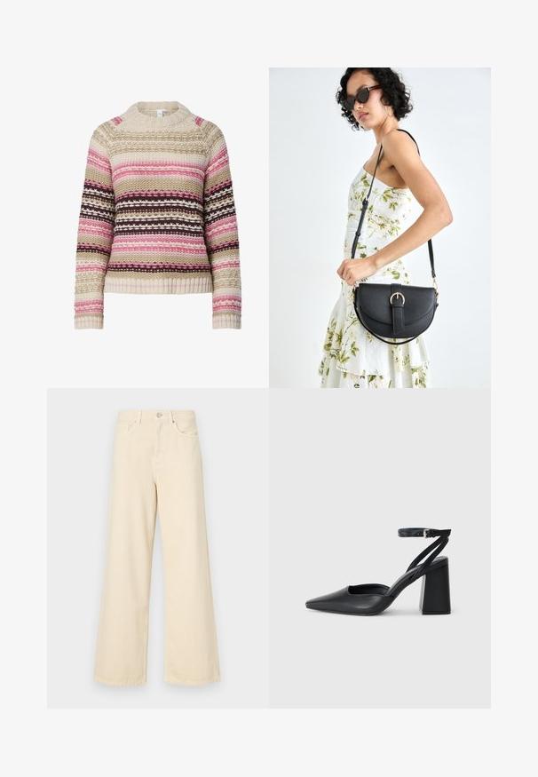 Pulover tricotat în nuanțe de crem, roz și maro, având un guler rotund, dungi orizontale și modele texturate pe întreaga suprafață. Manșete și margine cu model rib.; Blugi bej cu croi larg, din bumbac. Au închidere cu nasture, bucle pentru curea și buzunare frontale, cu o textură netedă și moale.; Pantofii cu toc ascuțit din piele neagră, cu breteaua pentru glezne și toc gros. Textură netedă, design elegant și estetică minimală.; Geantă din piele neagră, cu o formă curbată, curea detașabilă și accesorii aurii. Geanta are un capac cu un detaliu tip cataramă.