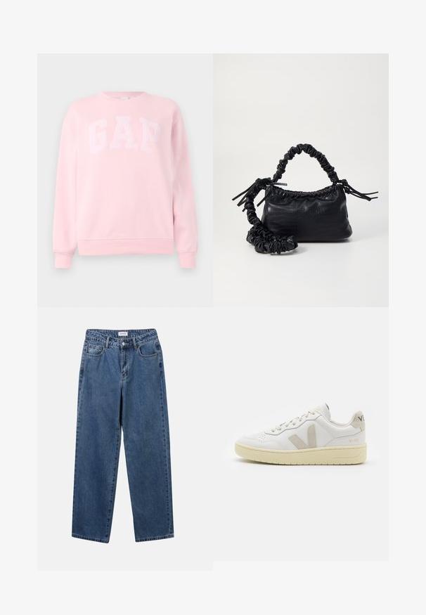 Svetloružová mikina s dlhým rukávom a pružnými manžetami, s 3D logom GAP na hrudi.; Klasické modré džínsy z denimu so strihom rovného strihu, piatimi vreckami a zapínaním na gombík. Majú stredné praním a pevnú textúru.; Biele kožené tenisky s béžovými semišovými akcentmi, perforovanou špičkou, plochými šnúrkami a textúrovanou krémovou podrážkou. Obsahujú jemné označenie na päte.; Čierna umelá kožená kabelka s kroko vzorom, sťahovaným vrchom a zhnutým popruhom. Vyzerá mäkko a kompaktné v dizajne.