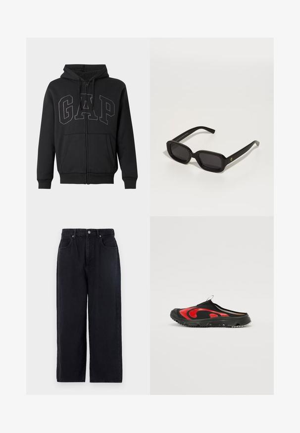 Haut de sweatshirt zippé noir avec poches avant, capuche à cordon de serrage et grand logo brodé "GAP" sur la poitrine, doublé d'une douce polaire à l'intérieur.; Chandail henley noir à manches longues avec une texture côtelée, trois boutons au col et un ourlet droit. Fabriqué en tissu doux.; Pantalons en denim noir avec une coupe droite, comportant cinq poches, une fermeture à bouton et une finition soignée. Tissu durable à texture mate.; Chaussure noire à enfiler avec un motif courbé rouge audacieux, un matériau supérieur texturé et une semelle en caoutchouc épaisse et adhérente offrant une bonne traction.; Lunettes de soleil noires rectangulaires avec des montures épaisses, des verres foncés et un détail de logo doré sur la branche, dotées d'une finition lisse et brillante.