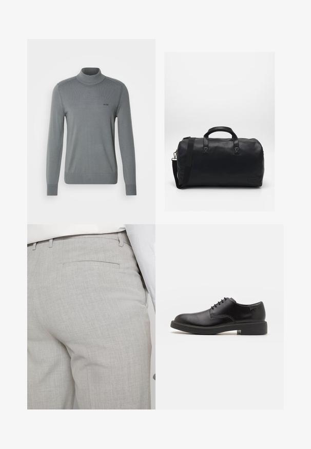 Hall grey sviiter, millel on soonikuline kõrge kaelus, pikad varrukad ja kitsas alläär. Minimalistlik disain, millel on rindkerel väike must logo.; Heledat hallid kohandatud püksid tekstuurse kangaga, millel on üks tagatasku ja puhas õmblus.; Must beemel levalis kingad ümarate varvastega, sileda pinnaga, minimaalsete õmblustega ja madala kummist kontsaga. Logo kontsa peal.; Must musta käsnaga valmistatud tekstureeritud sünteetilisest materjalist. Omab kahte käepidet ja reguleeritavat õlavarre rihma. Lihtne disain ilma nähtavate mustriteta.