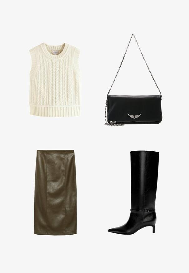 Ärmelloser Pullover aus Lammwolle in Off-White, mit einem strukturierten Zopfmuster und einem gerippten Saum sowie Armöffnungen für eine eng anliegende Passform.; Olivenfarbene Kunstleder- Bleistiftrock mit glatter Textur, knielang, mit vertikalen Nähten für einen maßgeschneiderten Look.; Schwarze Lederstiefel bis zum Knie mit spitzer Zehe und kleinem Absatz. Verfügt über einen schmalen Riemen mit einer metallischen Schnalle am Knöchel. Glatte Textur.; Schwarze Leder-Clutch mit einem silbernen Kettenriemen, vorne mit einem geflügelten Emblem, glatter Oberfläche und Reißverschluss unten.