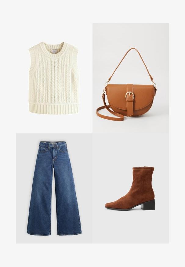 Pulover bez rukava od janjeće vune u boji slonovače s teksturiranim dizajnom pletenice, s okruglim izrezom i rebrastim rubom.; Široke plave traperice s pet džepova, zatvaranjem na gumb i kontrastnim šavovima, s mekom i teksturiranom završnom obradom.; Smeđi antilop čizmica do gležnja sa kvadratnim vrhom i niskim blok-petom, zatvaranje sa bočnim patentnim zatvaračem, prikazana u profilu na bijeloj pozadini.; Smeđa kožna torba preko tijela s zakrivljenim oblikom, zlatnim metalnim detaljima i naglaskom na kopču. Ima odvojivu naramenicu.