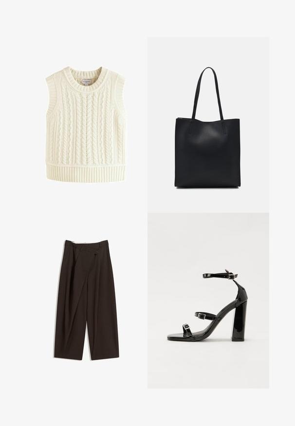 Gilet senza maniche in lambswool color avorio con un design a trama cable strutturato, caratterizzato da un collo rotondo e orlo a costine.; Pantaloni a gamba larga marrone scuro con vita alta, dotati di una chiusura con bottone singolo e una parte anteriore plissettata. Realizzati in tessuto leggero.; Sandali con tacco in vernice nera, con punta squadrata, cinturini alla caviglia e fibbie in argento. Presentano un tacco a blocco spesso per maggiore stabilità.; Borsa tote in pelle nera con texture liscia, forma rettangolare e due manici lunghi. Nessun hardware o decorazione visibile.