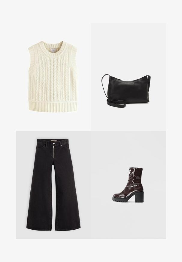 Ärmelloser Lambswool-Pullover in Elfenbein mit einem strukturierten Zopfmuster, ausgestattet mit einem runden Ausschnitt und einem gerippten Saum.; Schwarze Denim-Jeans mit weitem Bein, Reißverschluss vorne, Fünf-Taschen-Design und dezenten Stickdetails. Glatte Textur und lässiger Stil.; Glatte bordeauxrote Ankle Boots mit einem klobigen schwarzen Absatz, die eine glatte Oberfläche und ein einfaches Design aufweisen. Keine sichtbaren Verschlüsse oder Muster.; Schwarze Ledertasche für die Schulter mit glatter Textur, geschwungener Form, verstellbarem Tragegurt und Reißverschluss. Minimalistisches Design ohne Verzierungen.