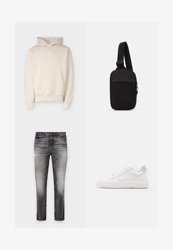 Beige hoodie van zachte stof, met een voorzak, ribgebreide mouwen en een capuchon met trekkoord. Eenvoudig, ongecompliceerd ontwerp.; Versleten zwarte denim jeans met een rechte snit, voorzien van beschadigde plekken, voorzakken en een klassieke knoopsluiting.; Witte leren sneakers met een gladde afwerking, ronde neus, platte veters en een gestructureerde zool. Grijze suède accent bij de hiel.; Zwarte schoudertas gemaakt van duurzaam stof, met een enkele verstelbare schouderband, een gepartitioneerd hoofdcompartiment met rits en een voorvak.