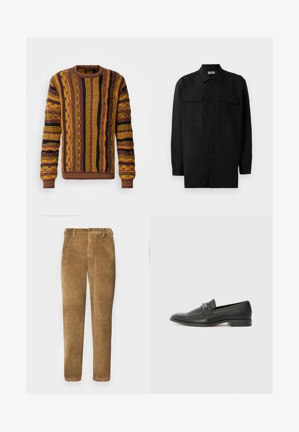 Pull en tricot marron, jaune et noir avec des motifs verticaux. Il présente des poignets et un col côtelés, ainsi que des détails texturés partout.; Chemise noire à manches longues en tissu lisse, dotée d'un col classique, de deux poches devant et de poignets à boutons.; Pantalon en velours côtelé marron avec texture à côtes verticales, coupe droite, fermeture à bouton et passants de ceinture. Tissu lisse avec une finition douce.; Mocassin en cuir noir avec une finition lisse, présentant un design cousu et une accent décoratif en chaîne métallique sur le rand. Talon plat.