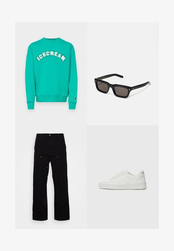 Felpa turchese con collo a girocollo, con la scritta "ICECREAM" in testo bianco e verde sul petto e una grafica di un ghiacciolo marrone sulla manica.; T-shirt bianca a maniche lunghe in cotone con scollatura rotonda. Presenta un piccolo logo blu sul petto e polsini aderenti. Texture liscia.; Pantaloni in denim nero con design a gamba dritta, dotati di accenti hardware dorati e cuciture visibili sulle tasche anteriori e posteriori.; Sneaker in pelle bianca con una finitura liscia, punta rotonda, lacci piatti e suola testurizzata. Presenta un logo discreto sul tallone.; Occhiali da sole neri rettangolari con lenti scure, montatura spessa in plastica, dettagli dorati sulle tempie e logo del marchio inciso sull'asta.