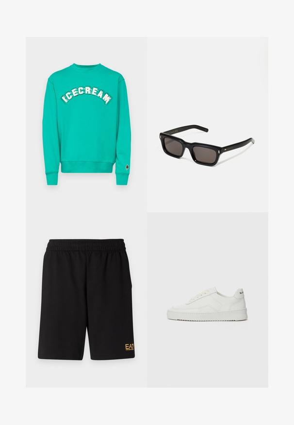 Turkis Sweatshirt med rund hals, som har "IS" i hvit og grønn tekst over brystet og et brunt ispinnemotiv på ermet.; Sorte treningsshorts laget av mykt stoff, med elastisk midje og en liten gul EA7-logo nederst på venstre ben.; Hvite lærersneakers med en jevn overflate, rund tå, flate lisser og en teksturert såle. Har en subtil logo på hælen.; Sorte rektangulære solbriller med mørke linser, tykk plastikkramme, gullaccenter på skulderpartiet og merkevarelogo gravert på armen.