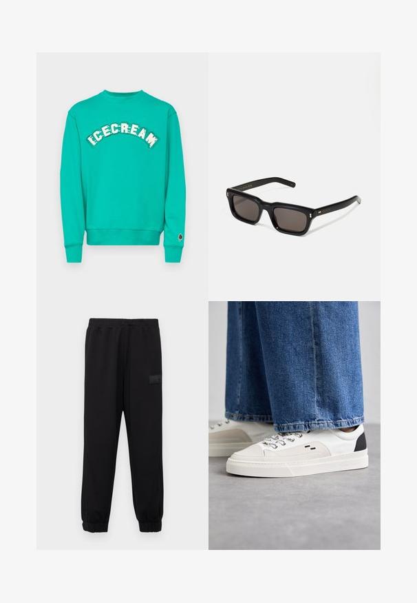 Tyrkysová mikina s kulatým výstřihem, na hrudi se nápisem "ICECREAM" v bílé a zelené barvě a na rukávu s grafikou hnědého nanuku.; Černé tepláky s elastickým pasem a manžetami na nohavicích, které mají boční kapsy a texturovanou nášivku s logem na levé noze.; Bílé a černé tenisky s hladkým koženým svrškem, texturovanými akcenty a robustní bílou podešví. Mají klasický design se šněrováním.; Černé obdélníkové sluneční brýle s tmavými skly, silným plastovým rámem, zlatými akcenty na spáncích a vyrytým logem značky na nožičce.